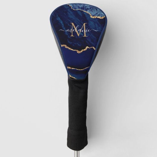 Navy Blue Gold Your Letter Name Golf Head Hoesje Golfheadcover (Voorkant)