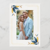 Navy Blue & Golden Botanical Leaves Corner Photo Folie Uitnodiging (Achterkant)