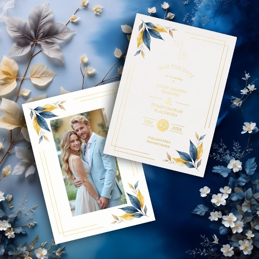 Navy Blue & Golden Botanical Leaves Corner Photo Folie Uitnodiging