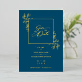 Navy Blue Golden Branches Frame Photo Folie Uitnodiging (Staand Voorkant)