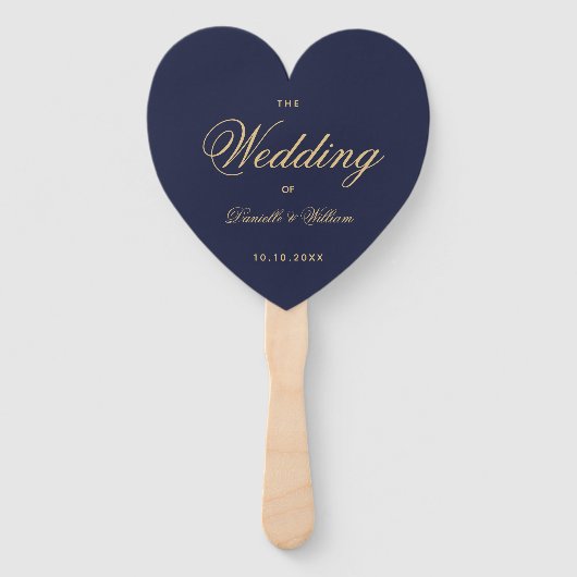 Navy Blue Golden Calligraphy Heart Wedding Program Handwaaier (Voorkant)