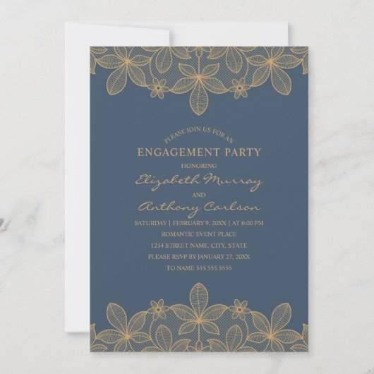 Navy Blue Golden Lace Engagement Party Elegant Kaart (Voorkant)