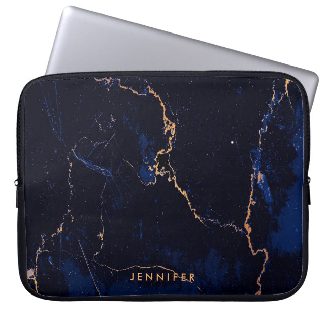 Navy Blue Golden Marble Laptop Sleeve (Voorkant)
