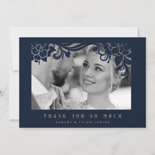 Navy Blue & Golden  Retro Ornament Lijst Bedankkaart (Voorkant)