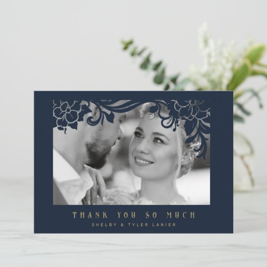 Navy Blue & Golden  Retro Ornament Lijst Bedankkaart (Staand voorkant)