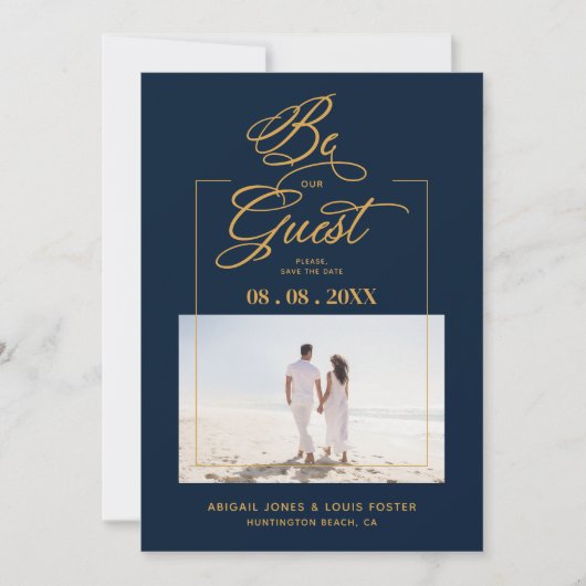 Navy Blue & Golden Sophisticated Minimalist Photo  Save The Date (Voorkant)