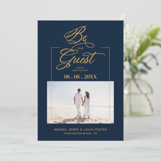Navy Blue & Golden Sophisticated Minimalist Photo  Save The Date (Staand voorkant)