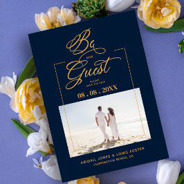 Navy Blue & Golden Sophisticated Minimalist Photo  Save The Date