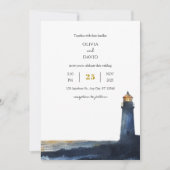 Navy Blue Golden Sunset Lighthouse Beach Huwelijk Kaart (Voorkant)