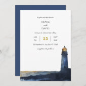 Navy Blue Golden Sunset Lighthouse Beach Huwelijk Kaart (Voorkant / Achterkant)