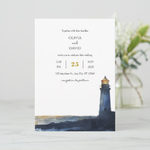 Navy Blue Golden Sunset Lighthouse Beach Huwelijk Kaart