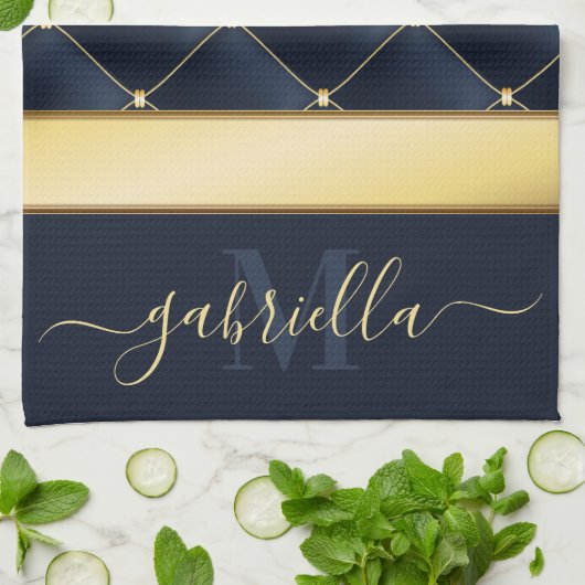 Navy Blue Golden Theedoek (Gevouwen)