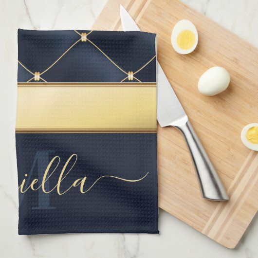Navy Blue Golden Theedoek (Quarter Fold)