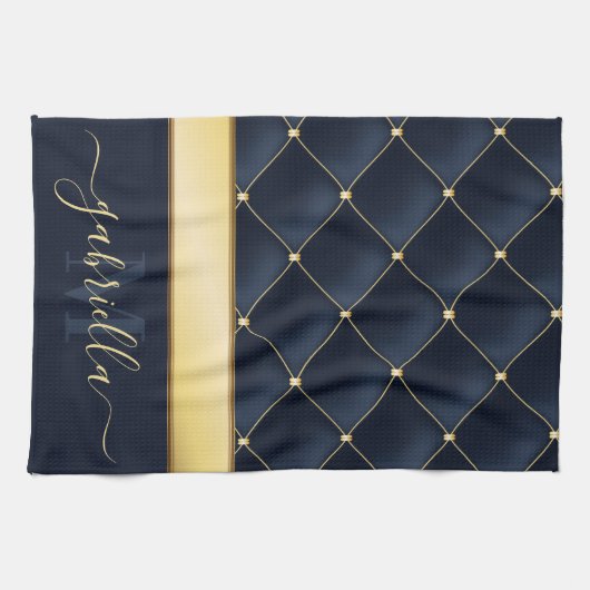 Navy Blue Golden Theedoek (Horizontaal)