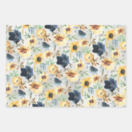Navy Blue & Golden Yellow Peony & Sunflower Wrapp Inpakpapier Vel