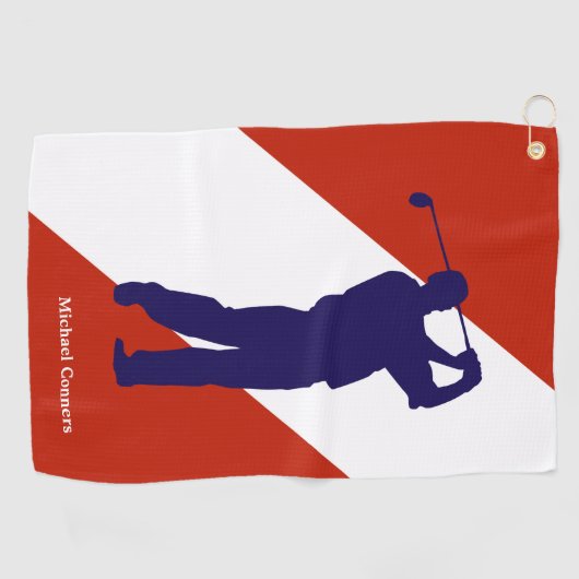 Navy Blue Golfer op Red White Golfhanddoek (Horizontaal)