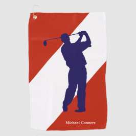 Navy Blue Golfer op Red White Golfhanddoek