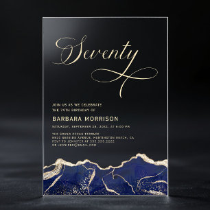 Navy Blue Goud Agaat 70e Zeventigste Verjaardagsfe Acryl Uitnodigingen