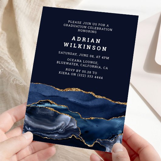 Navy Blue & Goud Agaat Afstudeerfeest Kaart