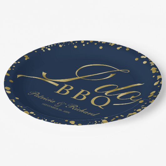 Navy Blue Goud Confetti Ik Doe BBQ Verloving Feest Papieren Bordje (Gekanteld)