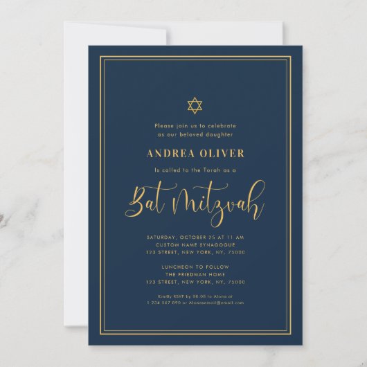 Navy Blue & Goud Dubbel Frame Script Bat Mitzvah Kaart (Voorkant)