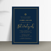 Navy Blue & Goud Dubbel Kader Script Bat Mitzvah Kaart