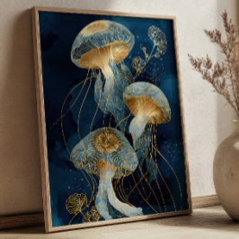 Navy Blue & Goud Kwal Kintsugi Ink Kunst Oceaan Poster