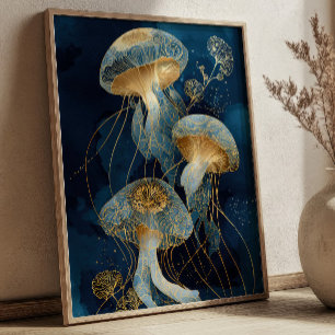 Navy Blue & Goud Kwal Kintsugi Ink Kunst Oceaan Poster