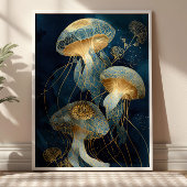 Navy Blue & Goud Kwal Kintsugi Ink Kunst Oceaan Poster