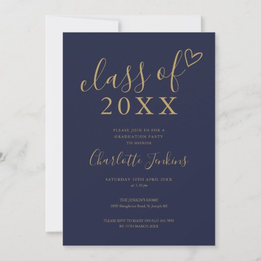 Navy Blue Goud Script Afstudeerfeest Kaart (Voorkant)