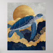 Navy Blue & Goud Zee Schildpad Kintsugi Onderwater Poster (Voorkant)