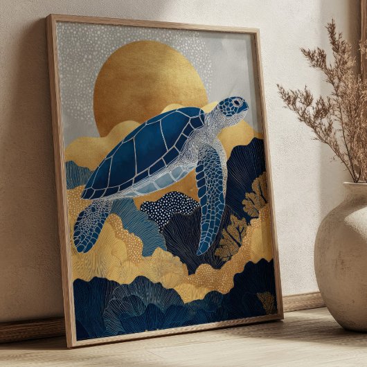 Navy Blue & Goud Zee Schildpad Kintsugi Onderwater Poster