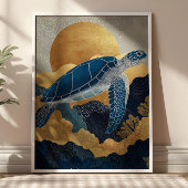 Navy Blue & Goud Zee Schildpad Kintsugi Onderwater Poster
