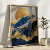 Navy Blue & Goud Zee Schildpad Kintsugi Onderwater Poster