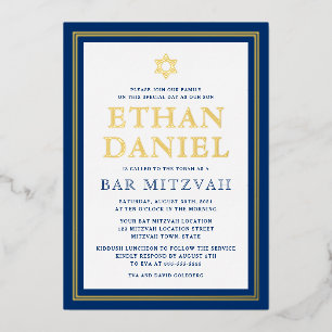 Navy blue gouden grensbar mitzvah Star van David Folie Uitnodiging
