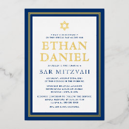 Navy blue gouden grensbar mitzvah Star van David Folie Uitnodiging