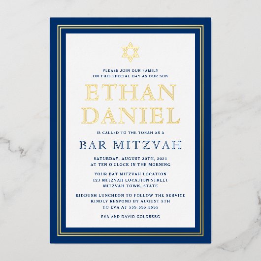 Navy blue gouden grensbar mitzvah Star van David Folie Uitnodiging (Voorkant)
