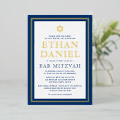 Navy blue gouden grensbar mitzvah Star van David Folie Uitnodiging (Staand Voorkant)