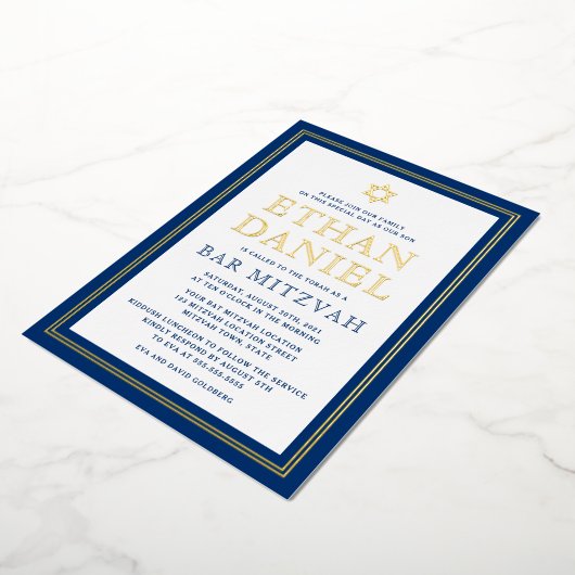 Navy blue gouden grensbar mitzvah Star van David Folie Uitnodiging (Gedraaid)