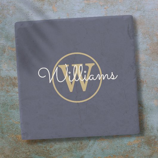 Navy Blue Gouden Monogram Script Naam Stenen Onderzetter