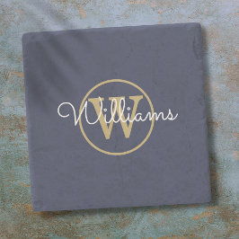 Navy Blue Gouden Monogram Script Naam Stenen Onderzetter