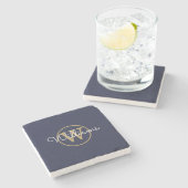 Navy Blue Gouden Monogram Script Naam Stenen Onderzetter (Zijkant)