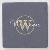 Navy Blue Gouden Monogram Script Naam Stenen Onderzetter (Voorkant)