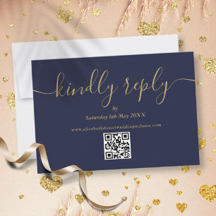 Navy Blue Gouden QR-code Elegante Script Hoor Geru RSVP Kaartje