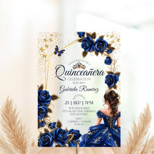 Navy Blue Gouden Tiara Rozen Quinceañera Acryl Uitnodigingen