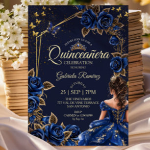 Navy Blue Gouden Tiara Rozen Quinceañera Kaart