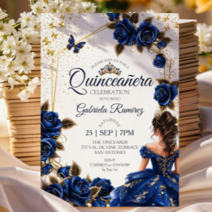 Navy Blue Gouden Tiara Rozen Quinceañera Kaart