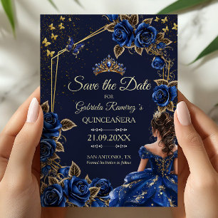 Navy Blue Gouden Tiara Rozen Quinceañera Save The Date