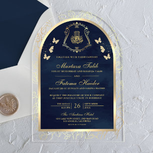 Navy Blue Gouden Vlinder Boog Moslim Trouwdag Acryl Uitnodigingen