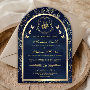 Navy Blue Gouden Vlinder Boog Moslim Trouwdag Kaart